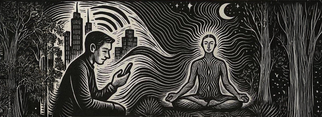 Schwinungen und Frequenzen durch WLAN, Mann im Wald umgeben von Strahlen