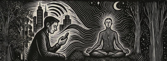 Schwinungen und Frequenzen durch WLAN, Mann im Wald umgeben von Strahlen